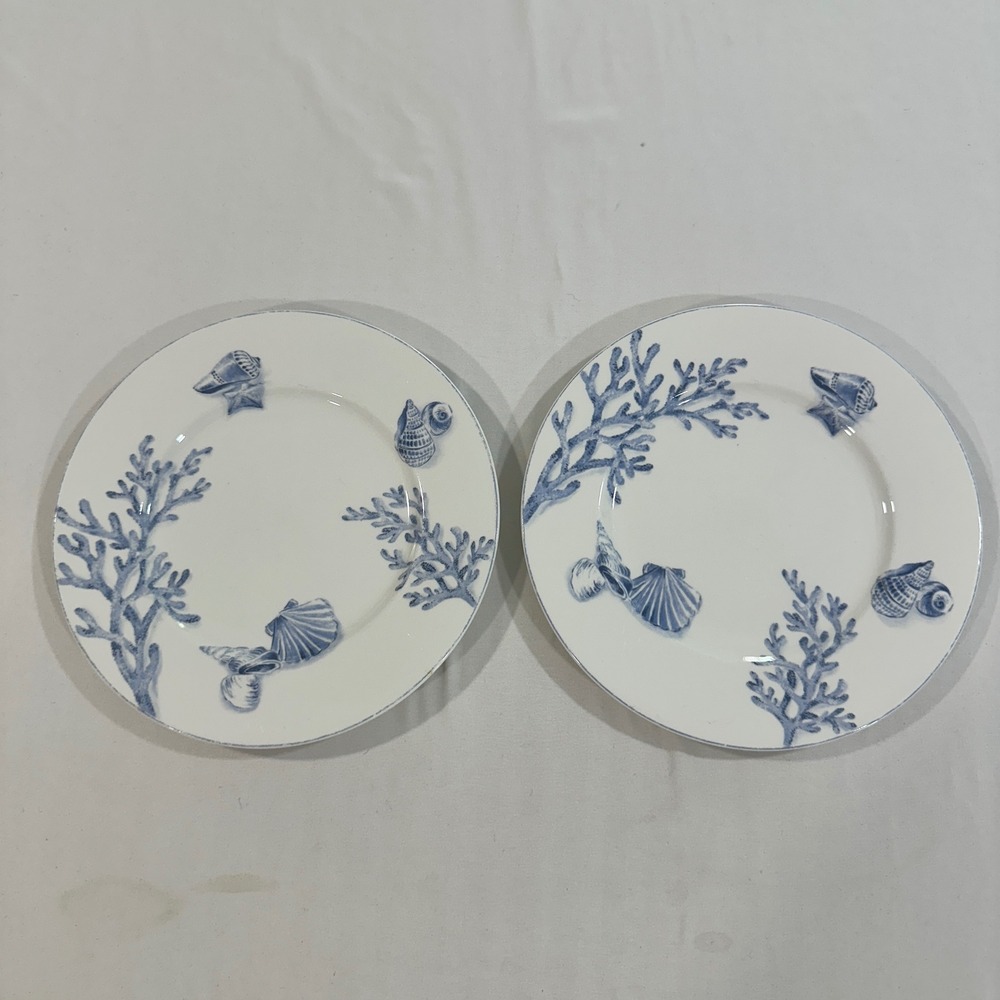 Mikasa Coral Reef HK286 Fine China Salad Plates Set of 2 Blue White Shells 8.25"